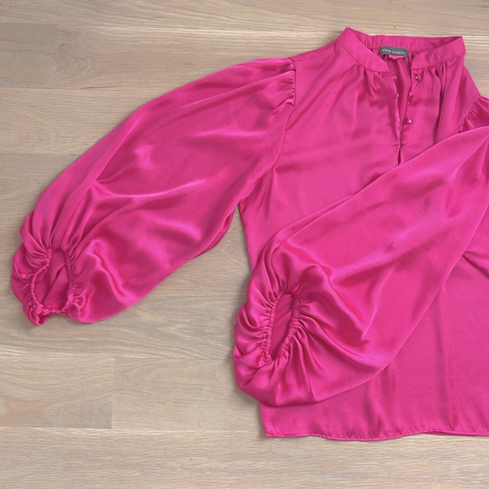 Vince Camuto Hot Pink satin top, balloon sleeve, button up split neck, size S